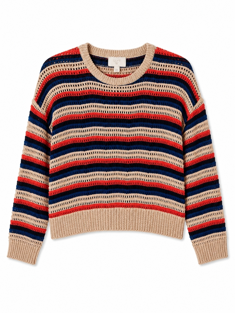 LOFT Outlet Boho Coastal Striped Open Knit Sweater, MP, Boxy, Beach, Cotton